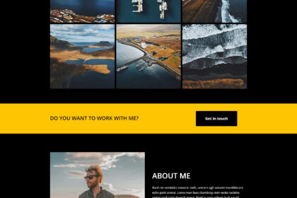 Focus Pro – Fotografia & Portfólio - apresenta uma estética minimalista e elegante em Dark Mode, com acentos em amarelo vibrante para destacar chamadas de ação.