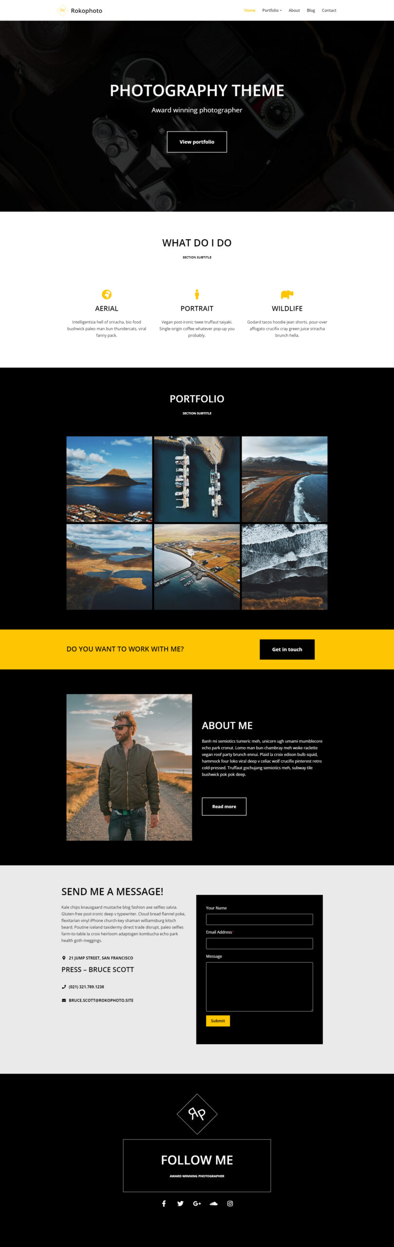 Focus Pro – Fotografia & Portfólio - apresenta uma estética minimalista e elegante em Dark Mode, com acentos em amarelo vibrante para destacar chamadas de ação.
