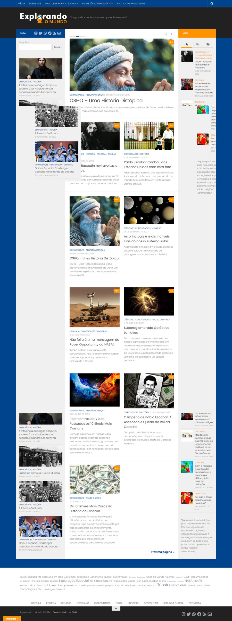 News Portal – Blog e Portal de Notícias - Este modelo é focado em alta densidade de conteúdo. É ideal para blogs de nicho, portais de notícias ou sites de curiosidades que precisam organizar muitas informações de forma clara.