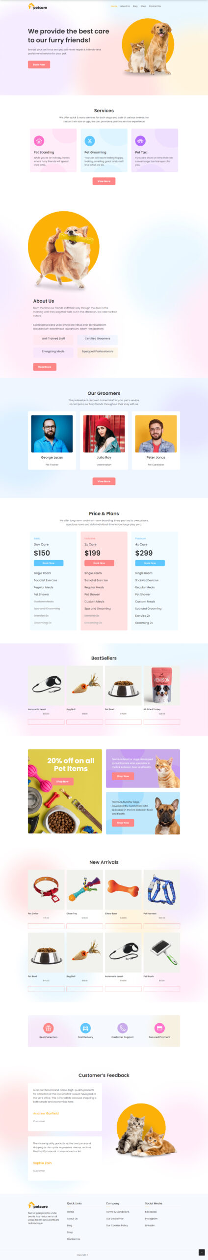 PetCare Connect – Estética & Cuidado Animal - Utiliza uma paleta de cores pastéis suaves e elementos circulares orgânicos para transmitir acolhimento e confiança.