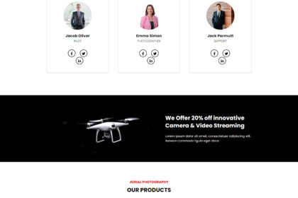 SkyView Pro – Drones e Multimídia - Este modelo utiliza uma estética Dark Mode com acentos em vermelho, transmitindo inovação e alta tecnologia.